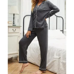 Women's Pajamas Sets Pure Color Fashion Basic Comfort Home Daily Bed Breathable Lapel Long Sleeve Shirt Pant Button Pocket Fall Winter Home Outfits