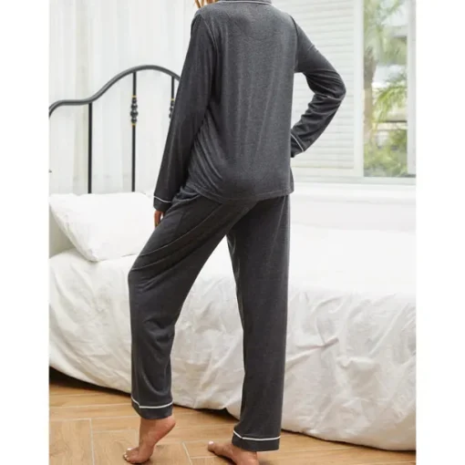 Women's Pajamas Sets Pure Color Fashion Basic Comfort Home Daily Bed Breathable Lapel Long Sleeve Shirt Pant Button Pocket Fall Winter Home Outfits