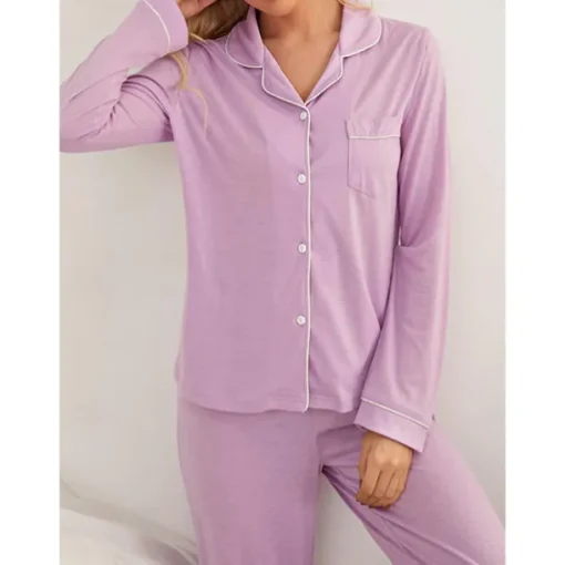 Women's Pajamas Sets Pure Color Fashion Basic Comfort Home Daily Bed Breathable Lapel Long Sleeve Shirt Pant Button Pocket Fall Winter Home Outfits