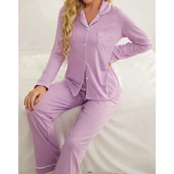 Women's Pajamas Sets Pure Color Fashion Basic Comfort Home Daily Bed Breathable Lapel Long Sleeve Shirt Pant Button Pocket Fall Winter Home Outfits