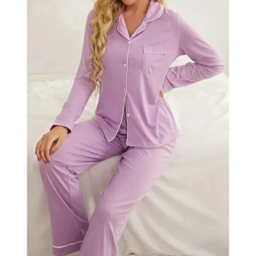 Women's Pajamas Sets Pure Color Fashion Basic Comfort Home Daily Bed Breathable Lapel Long Sleeve Shirt Pant Button Pocket Fall Winter Home Outfits