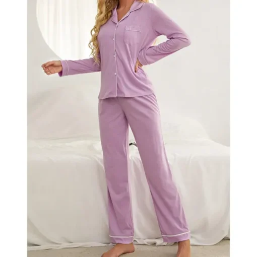 Women's Pajamas Sets Pure Color Fashion Basic Comfort Home Daily Bed Breathable Lapel Long Sleeve Shirt Pant Button Pocket Fall Winter Home Outfits