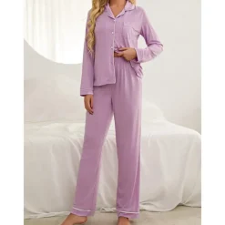 Women's Pajamas Sets Pure Color Fashion Basic Comfort Home Daily Bed Breathable Lapel Long Sleeve Shirt Pant Button Pocket Fall Winter Home Outfits