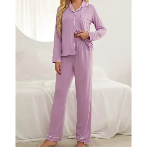 Women's Pajamas Sets Pure Color Fashion Basic Comfort Home Daily Bed Breathable Lapel Long Sleeve Shirt Pant Button Pocket Fall Winter Home Outfits