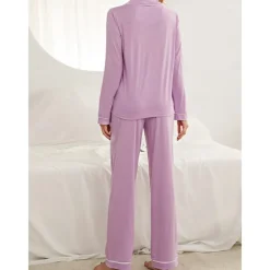 Women's Pajamas Sets Pure Color Fashion Basic Comfort Home Daily Bed Breathable Lapel Long Sleeve Shirt Pant Button Pocket Fall Winter Home Outfits