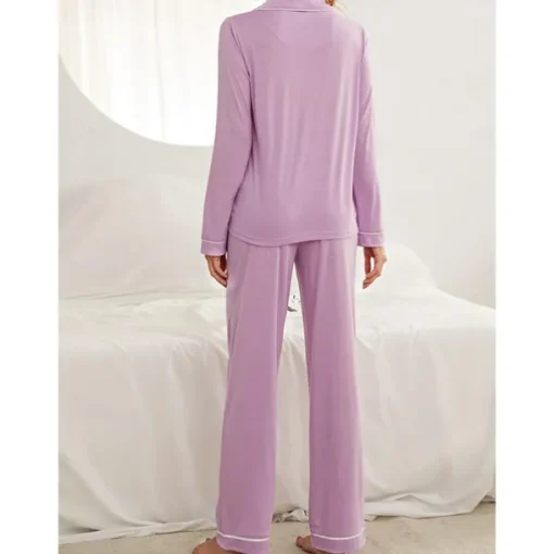 Women's Pajamas Sets Pure Color Fashion Basic Comfort Home Daily Bed Breathable Lapel Long Sleeve Shirt Pant Button Pocket Fall Winter Home Outfits