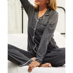 Women's Pajamas Sets Pure Color Fashion Basic Comfort Home Daily Bed Breathable Lapel Long Sleeve Shirt Pant Button Pocket Fall Winter Home Outfits