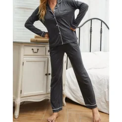 Women's Pajamas Sets Pure Color Fashion Basic Comfort Home Daily Bed Breathable Lapel Long Sleeve Shirt Pant Button Pocket Fall Winter Home Outfits
