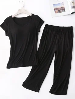 Women's Pajamas Sets Pure Color Simple Comfort Home Daily Bed Modal Breathable Crew Neck Short Sleeve T shirt Tee Pant Chest pads Summer Home Outfits
