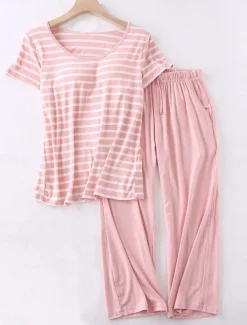 Women's Pajamas Sets Stripe Fashion Comfort Home Daily Bed Modal Breathable Crew Neck Short Sleeve T shirt Tee Pant Elastic Waist Chest pads Summer Home Outfits