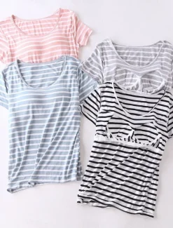 Women's Pajamas Sets Stripe Fashion Comfort Home Daily Bed Modal Breathable Crew Neck Short Sleeve T shirt Tee Pant Elastic Waist Chest pads Summer Home Outfits