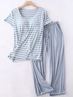 Women's Pajamas Sets Stripe Fashion Comfort Home Daily Bed Modal Breathable Crew Neck Short Sleeve T shirt Tee Pant Elastic Waist Chest pads Summer Home Outfits