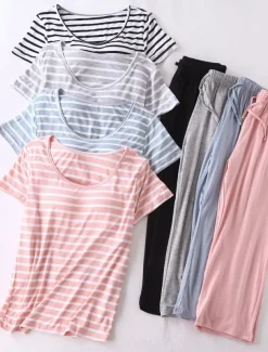 Women's Pajamas Sets Stripe Fashion Comfort Home Daily Bed Modal Breathable Crew Neck Short Sleeve T shirt Tee Pant Elastic Waist Chest pads Summer Home Outfits