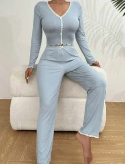 Women's Pajamas Simple Home V Neck Sky Blue khaki Summer Spring