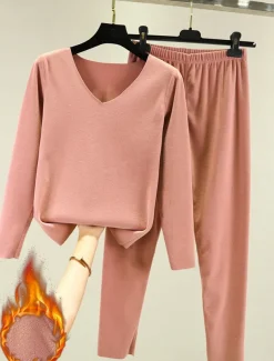 Women's Pajamas Thermal Set Pure Color Fashion Plush Casual Home Daily Bed Acrylic Breathable V Wire Long Sleeve T shirt Tee Pant Fall Winter Home Outfits