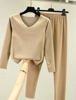 Women's Pajamas Thermal Set Pure Color Fashion Plush Casual Home Daily Bed Acrylic Breathable V Wire Long Sleeve T shirt Tee Pant Fall Winter Home Outfits
