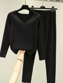 Women's Pajamas Thermal Set Pure Color Fashion Plush Casual Home Daily Bed Acrylic Breathable V Wire Long Sleeve T shirt Tee Pant Fall Winter Home Outfits