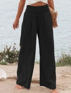 Women's Pants Fashion Basic Comfort Pure Color Pocket Elastic Waist Cotton Linen Pants Home Daily Long Pant Black White Pink Khaki Summer
