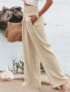Women's Pants Fashion Basic Comfort Pure Color Pocket Elastic Waist Cotton Linen Pants Home Daily Long Pant Black White Pink Khaki Summer