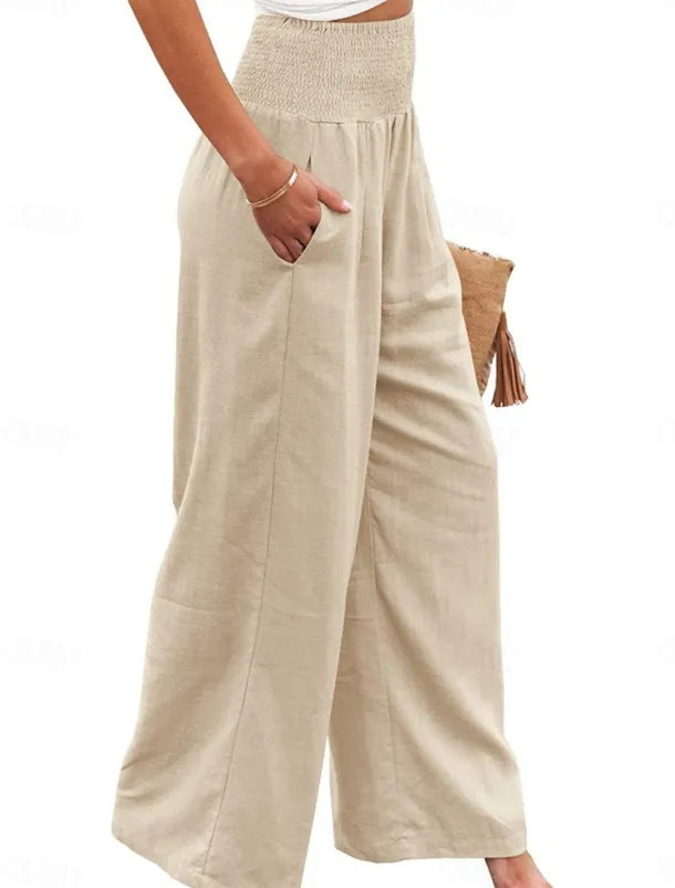 Women's Pants Fashion Basic Comfort Pure Color Pocket Elastic Waist Cotton Linen Pants Home Daily Long Pant Black White Pink Khaki Summer