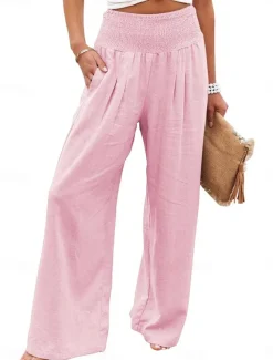Women's Pants Fashion Basic Comfort Pure Color Pocket Elastic Waist Cotton Linen Pants Home Daily Long Pant Black White Pink Khaki Summer