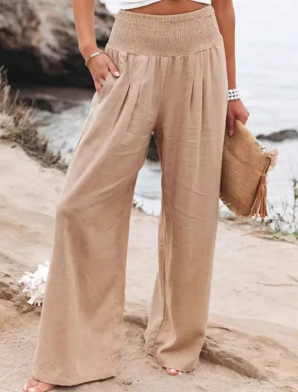 Women's Pants Fashion Basic Comfort Pure Color Pocket Elastic Waist Cotton Linen Pants Home Daily Long Pant Black White Pink Khaki Summer