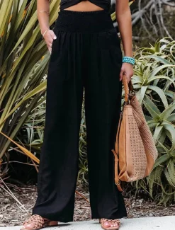 Women's Pants Fashion Basic Comfort Pure Color Pocket Elastic Waist Cotton Linen Pants Home Daily Long Pant Black White Pink Khaki Summer