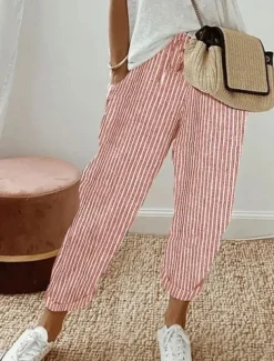 Women's Pants Trousers Casual Daily Ankle-Length Striped Drawstring Side Pockets Breathability Comfortable Inelastic Weekend Black Spring & Summer Regular Fit