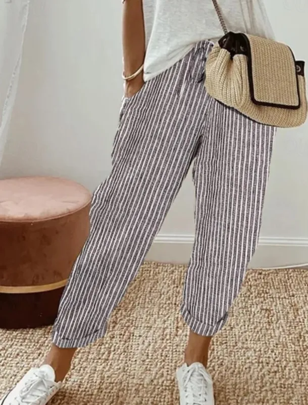 Women's Pants Trousers Casual Daily Ankle-Length Striped Drawstring Side Pockets Breathability Comfortable Inelastic Weekend Black Spring & Summer Regular Fit