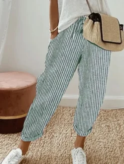 Women's Pants Trousers Casual Daily Ankle-Length Striped Drawstring Side Pockets Breathability Comfortable Inelastic Weekend Black Spring & Summer Regular Fit