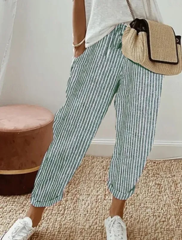 Women's Pants Trousers Casual Daily Ankle-Length Striped Drawstring Side Pockets Breathability Comfortable Inelastic Weekend Black Spring & Summer Regular Fit