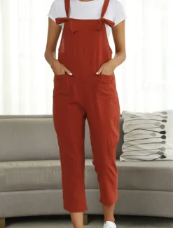 Women's Pants Trousers Jumpsuit Rompers Lightweight Casual Ankle-Length Mid Rise Plain Pocket Breathability Comfortable Inelastic Home Casual Daily claret Deep Green Navy Black Summer Spring Regular