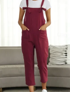 Women's Pants Trousers Jumpsuit Rompers Lightweight Casual Ankle-Length Mid Rise Plain Pocket Breathability Comfortable Inelastic Home Casual Daily claret Deep Green Navy Black Summer Spring Regular