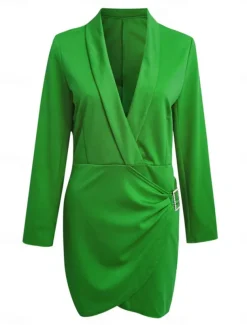 Women's Party Dress Cocktail Dress Work Dress Ruched Shirt Collar Long Sleeve Mini Dress Formal Winter Dress Formal Black White Fall Winter