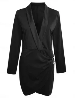 Women's Party Dress Cocktail Dress Work Dress Ruched Shirt Collar Long Sleeve Mini Dress Formal Winter Dress Formal Black White Fall Winter