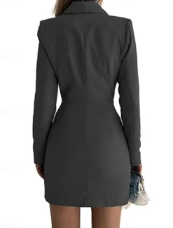 Women's Party Dress Cocktail Dress Work Dress Ruched Shirt Collar Long Sleeve Mini Dress Formal Winter Dress Formal Black White Fall Winter