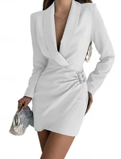 Women's Party Dress Cocktail Dress Work Dress Ruched Shirt Collar Long Sleeve Mini Dress Formal Winter Dress Formal Black White Fall Winter