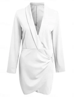 Women's Party Dress Cocktail Dress Work Dress Ruched Shirt Collar Long Sleeve Mini Dress Formal Winter Dress Formal Black White Fall Winter