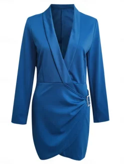 Women's Party Dress Cocktail Dress Work Dress Ruched Shirt Collar Long Sleeve Mini Dress Formal Winter Dress Formal Black White Fall Winter