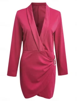 Women's Party Dress Cocktail Dress Work Dress Ruched Shirt Collar Long Sleeve Mini Dress Formal Winter Dress Formal Black White Fall Winter