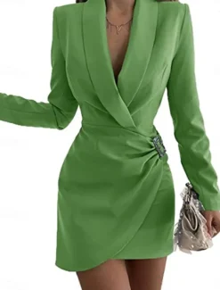 Women's Party Dress Cocktail Dress Work Dress Ruched Shirt Collar Long Sleeve Mini Dress Formal Winter Dress Formal Black White Fall Winter