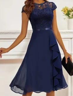 Women's Party Dress Lace Dress Cocktail Dress Midi Dress Dark Blue Short Sleeve Pure Color Lace Summer Spring Fall Crew Neck Fashion Wedding Guest Vacation Summer Dress S M L XL 2XL
