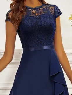 Women's Party Dress Lace Dress Cocktail Dress Midi Dress Dark Blue Short Sleeve Pure Color Lace Summer Spring Fall Crew Neck Fashion Wedding Guest Vacation Summer Dress S M L XL 2XL