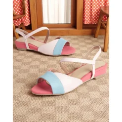 Women's Pastel Colorblock Flat Sandals – Cute Slingback Summer Shoes in Pink, Blue, and White for Daily Wear and Vacation Outfits