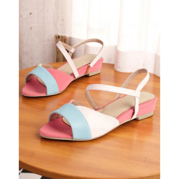 Women's Pastel Colorblock Flat Sandals – Cute Slingback Summer Shoes in Pink, Blue, and White for Daily Wear and Vacation Outfits