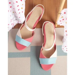 Women's Pastel Colorblock Flat Sandals – Cute Slingback Summer Shoes in Pink, Blue, and White for Daily Wear and Vacation Outfits