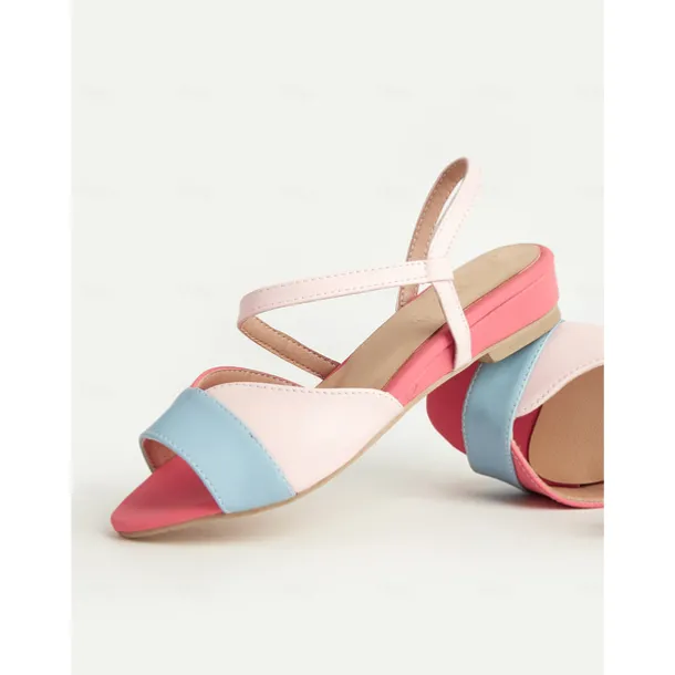 Women's Pastel Colorblock Flat Sandals – Cute Slingback Summer Shoes in Pink, Blue, and White for Daily Wear and Vacation Outfits
