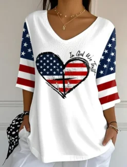 Women's Patriotic Blouse Graphic Flag Vintage Tropical Stylish 3/4 Length Sleeve V Neck Regular Tops Daily Print Black White Red Blue Summer Spring