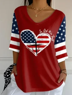 Women's Patriotic Blouse Graphic Flag Vintage Tropical Stylish 3/4 Length Sleeve V Neck Regular Tops Daily Print Black White Red Blue Summer Spring