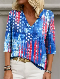 Women's Patriotic Blouse Graphic Flag Elegant Stylish Casual 3/4 Length Sleeve V Neck Regular Tops Daily Holiday Going out Print Blue Summer Spring